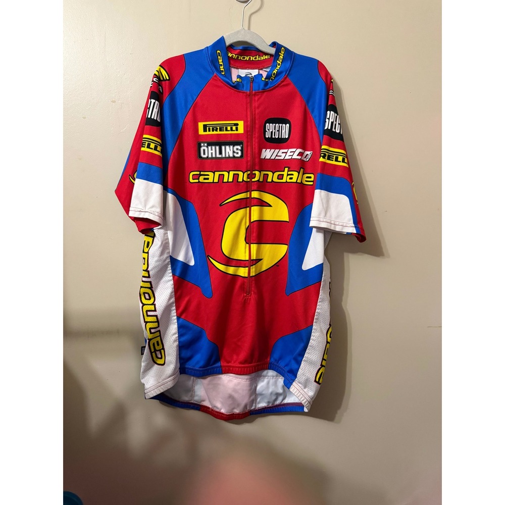Vintage Cannondale Cycling Jersey Large Red Blue Pirelli Ohlins Wiseco USA Made